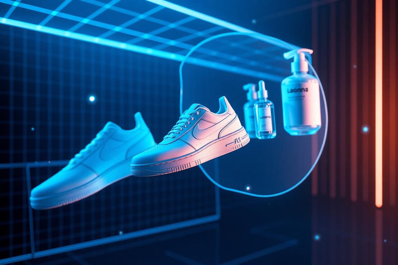 AI-generated ecommerce ad creatives floating in 3D space